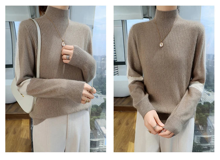 2024 Winter Ladies Turtleneck Mink Cashmere Sweater Women's Patchwork Color Base Knitwear Exquisite Super Warm Long Sleeve Top