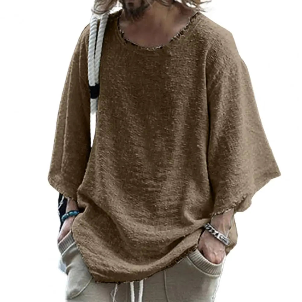 Men's summer linen shirt, hollow out design, deep O-neck, casual patchwork pullover, loose fit.