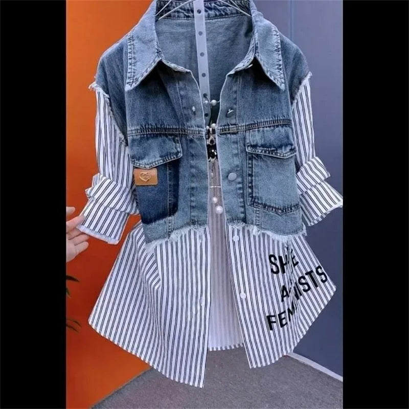 Fake Two Denim Shirts Women's Early Spring 2024 Korean Version Of Casual Western Style Joker Stitching Letter Striped Top