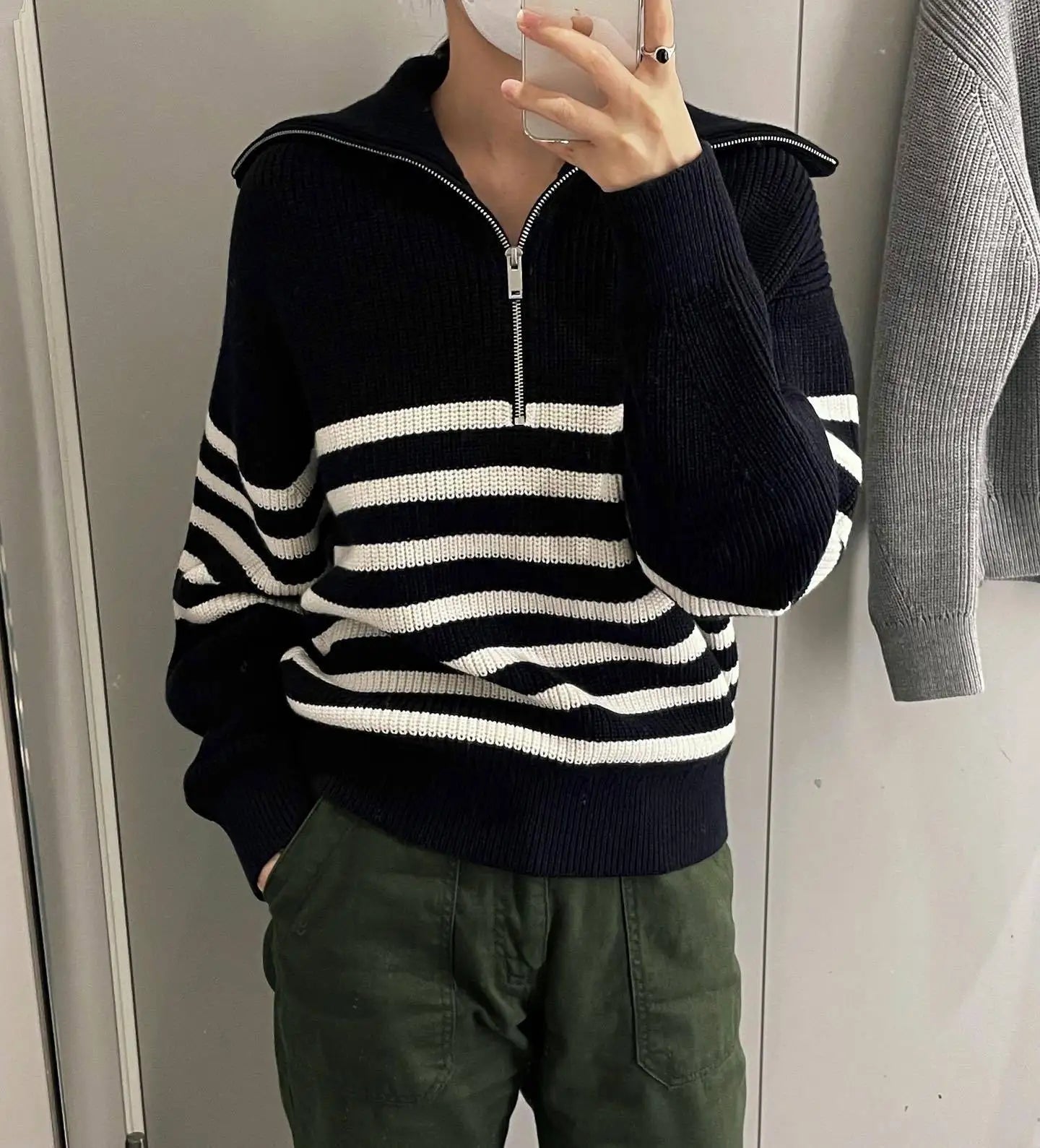 Women's Turtleneck Loose Lapel Striped Knitwear Women Pulovers New Simplicity Half Zipper Casual Fashion Women Sweaters 2024