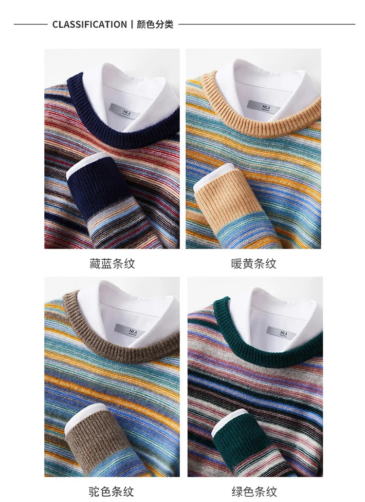 New 100% woolen sweater for young men in autumn and winter, thick sweater, warm stripe, loose casual knitted bottoming coat.