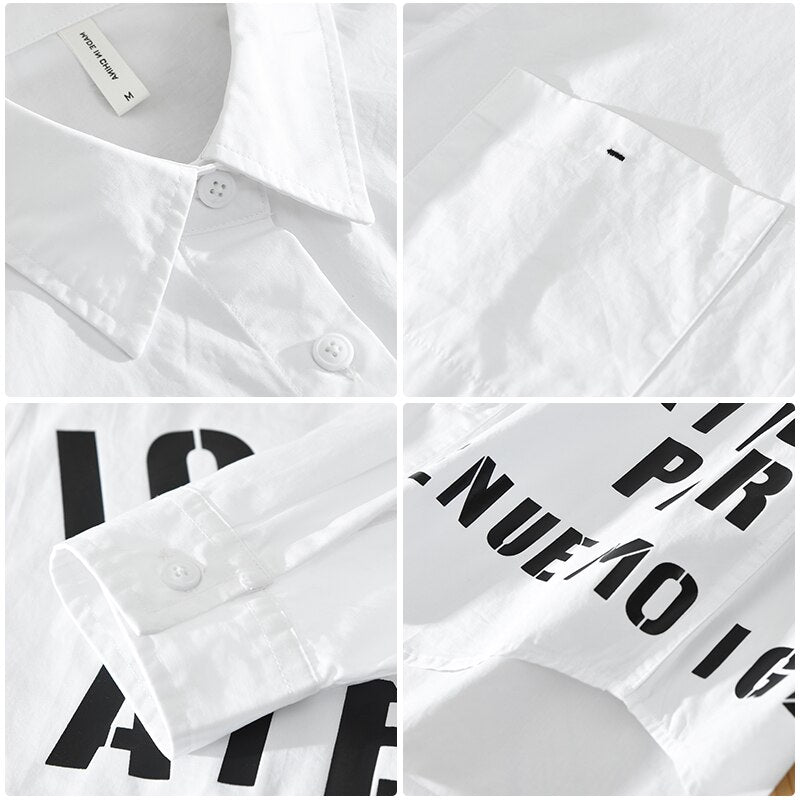 White men's cotton shirt with letter print, long sleeves, and turn-down collar.