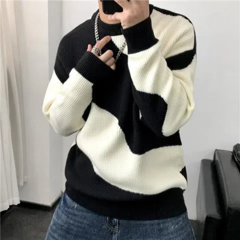 Autumn Winter New Fashion Round Neck Long Sleeve Patchwork Color Blocking Pullovers Men's Clothing Korean Loose Knitting Tops