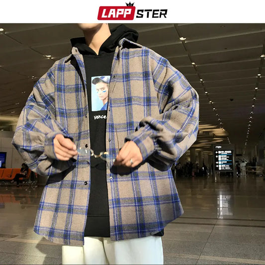 LAPPSTER Y2k Harajuku plaid shirt in blue and gray, long sleeve fleece streetwear style for men, worn in an urban setting.