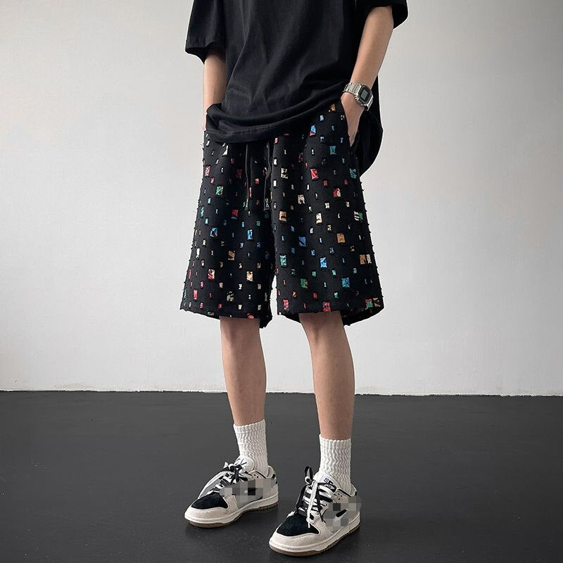 Summer Casual Shorts Men's Plaid Pants Loose High Street Patchwork Sports Leisure Cropped Knee Length Stitching Wide Leg Pants