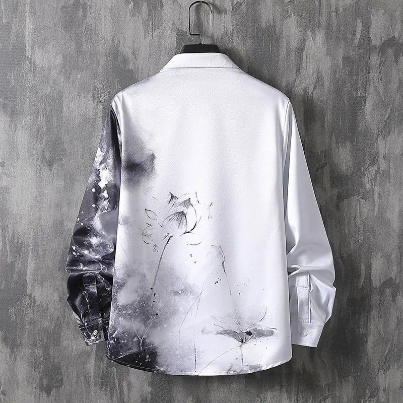 2024 New Spring and Autumn Fashion Chinese Style Landscape Painting Printing Handsome Ink China-Chic Long Sleeve Shirt Male