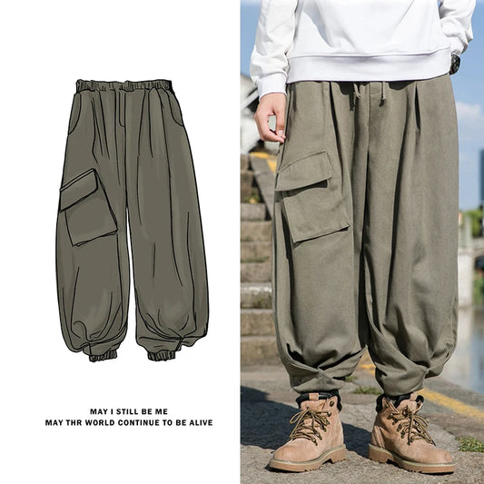 Pant Men Japanese Streetwear Solid Color Pocket Drawstring Jogger Pants Men Fashion Casual Loose Hip Hop Straight Pants Wide Leg