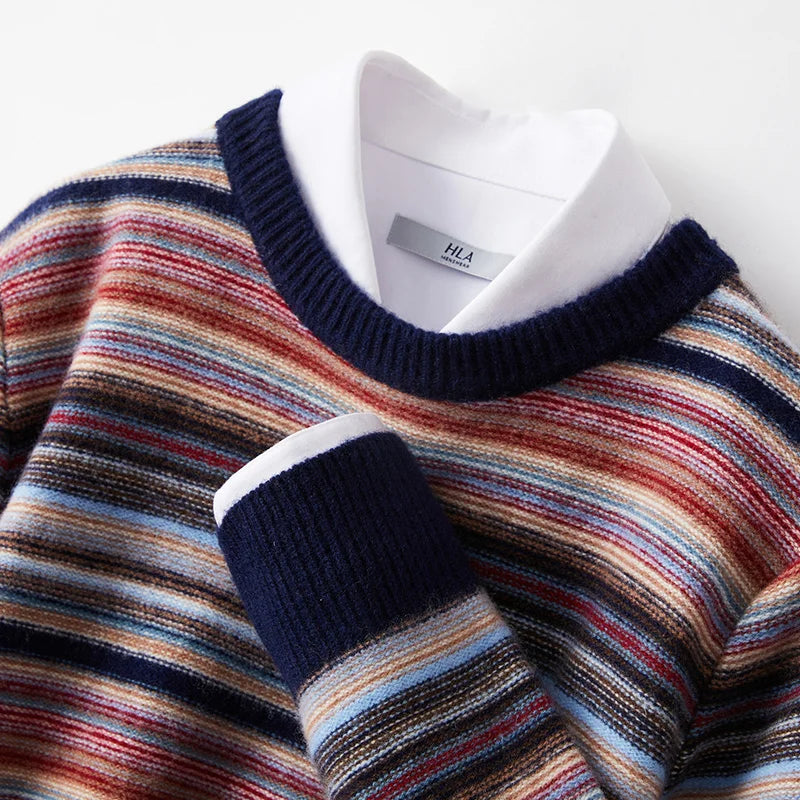 New 100% woolen sweater for young men in autumn and winter, thick sweater, warm stripe, loose casual knitted bottoming coat.