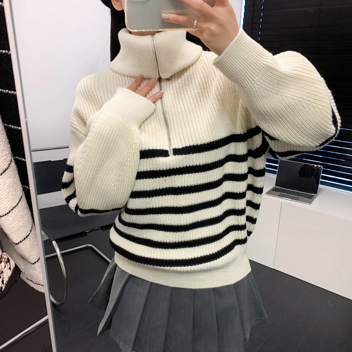 Women's Turtleneck Loose Lapel Striped Knitwear Women Pulovers New Simplicity Half Zipper Casual Fashion Women Sweaters 2024