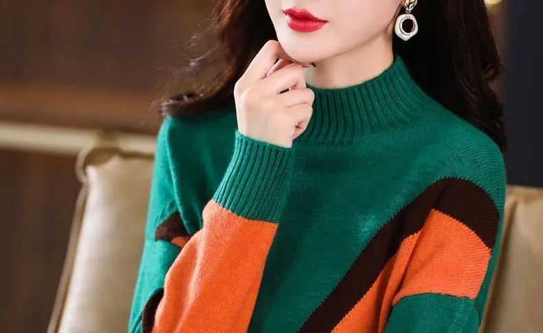 Velvet and Thickened Women's Top 2024 New Autumn/Winter Korean Edition Color Block Knitted Half High Neck Sweater