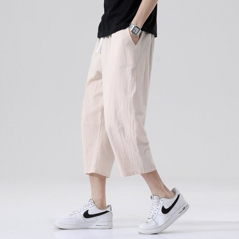 Men's summer casual pants, loose linen Korean style, nine-point length, straight fit.