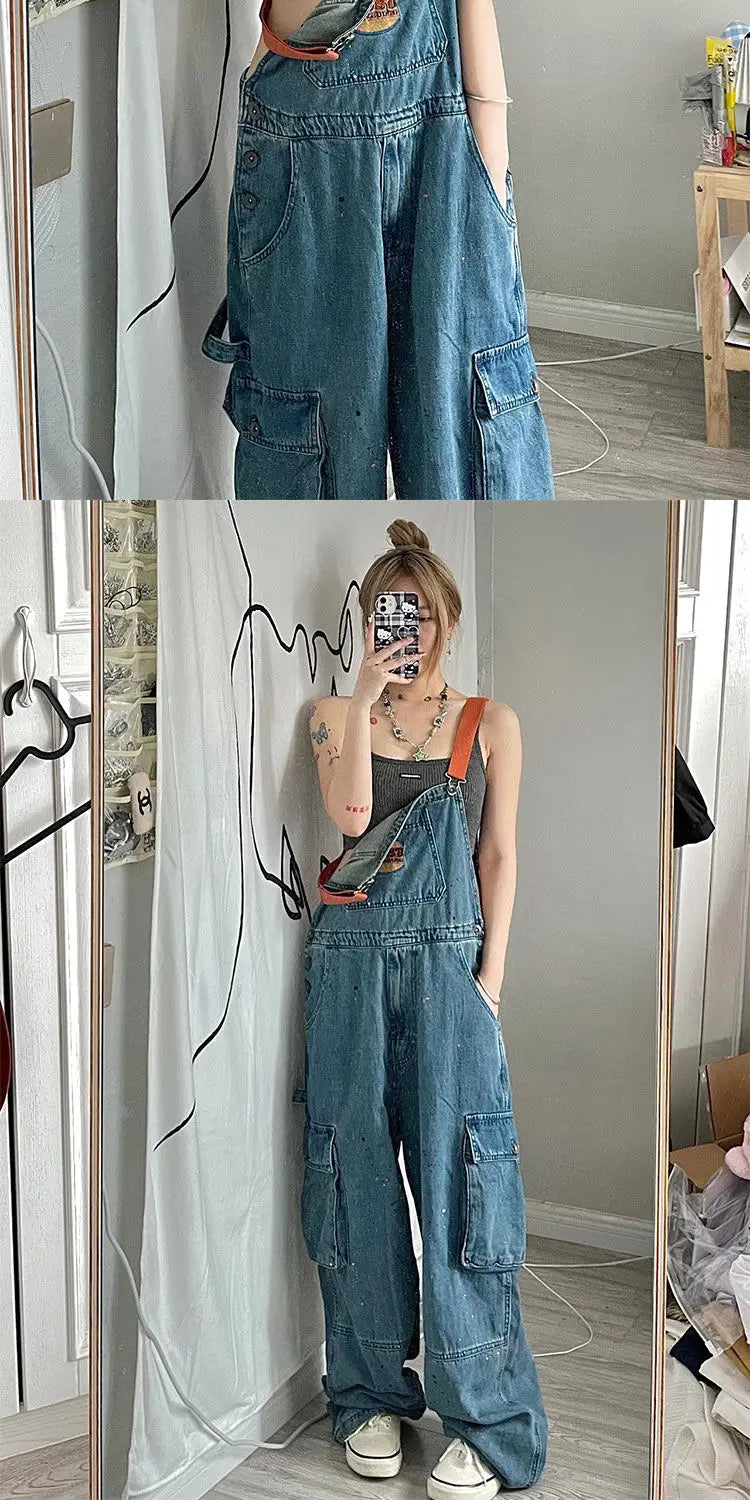 Cool girl style embroidered denim strap jumpsuit for women, loose and retro one-piece pants with pockets.