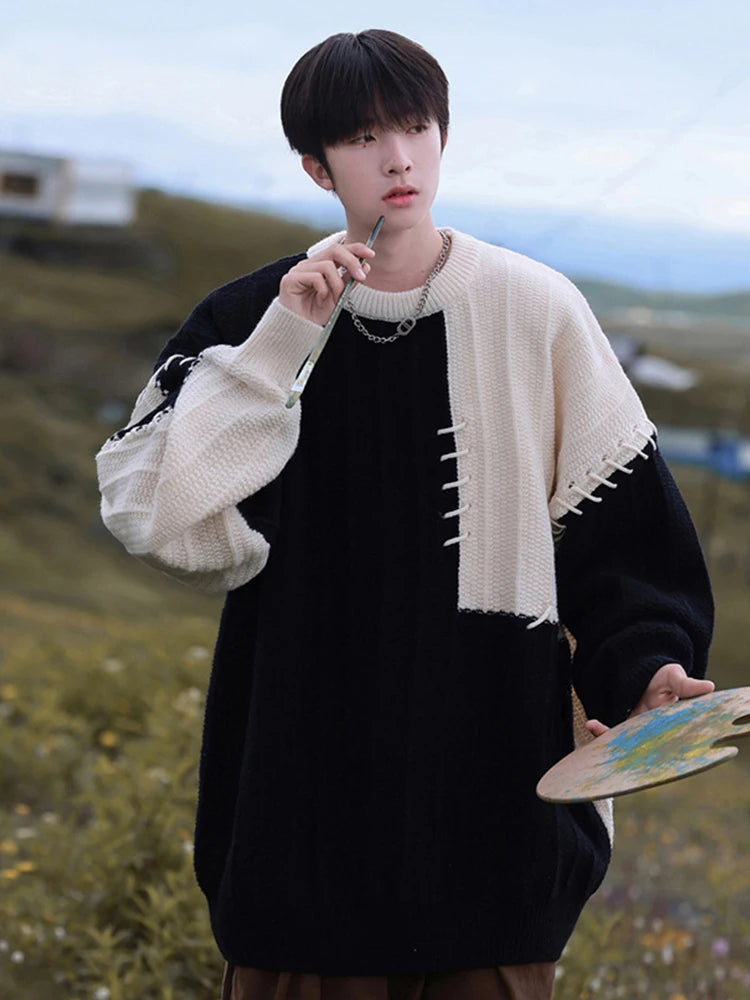 HOUZHOU Knitted Sweater Men Pullover Oversize Sweaters Male Winter Harajuku Casual Streetwear Patchwear Autumn Hip Hop Spliced