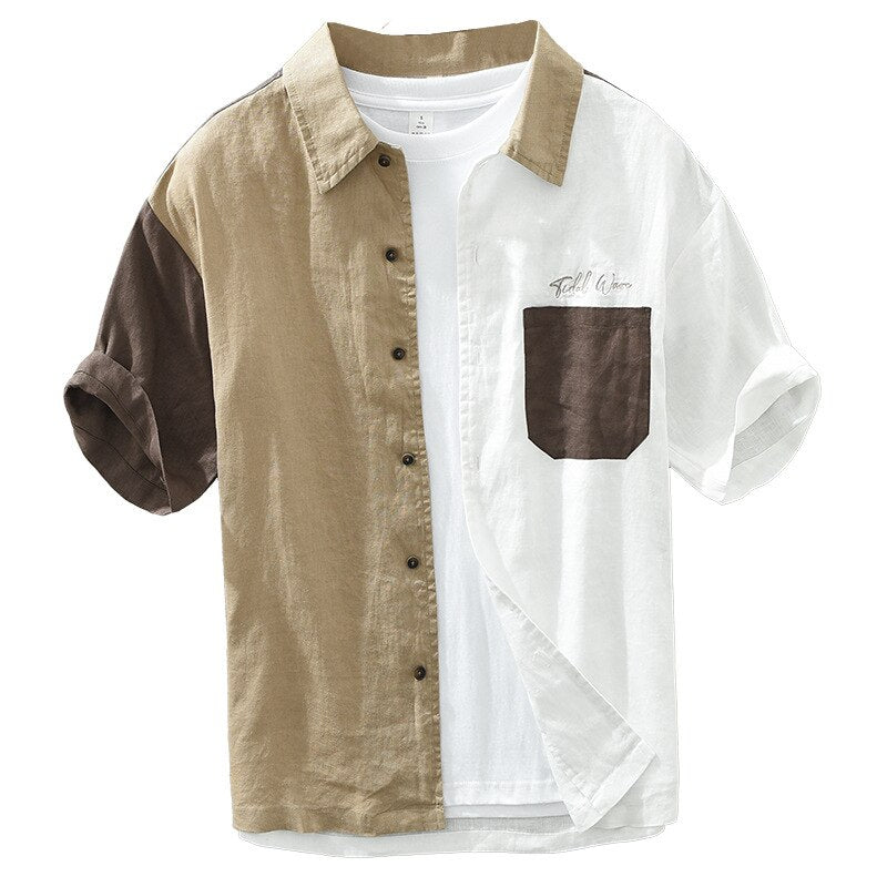 Men's short sleeve 100% linen patchwork shirt for summer fashion, chic and casual style, comfortable and breathable.