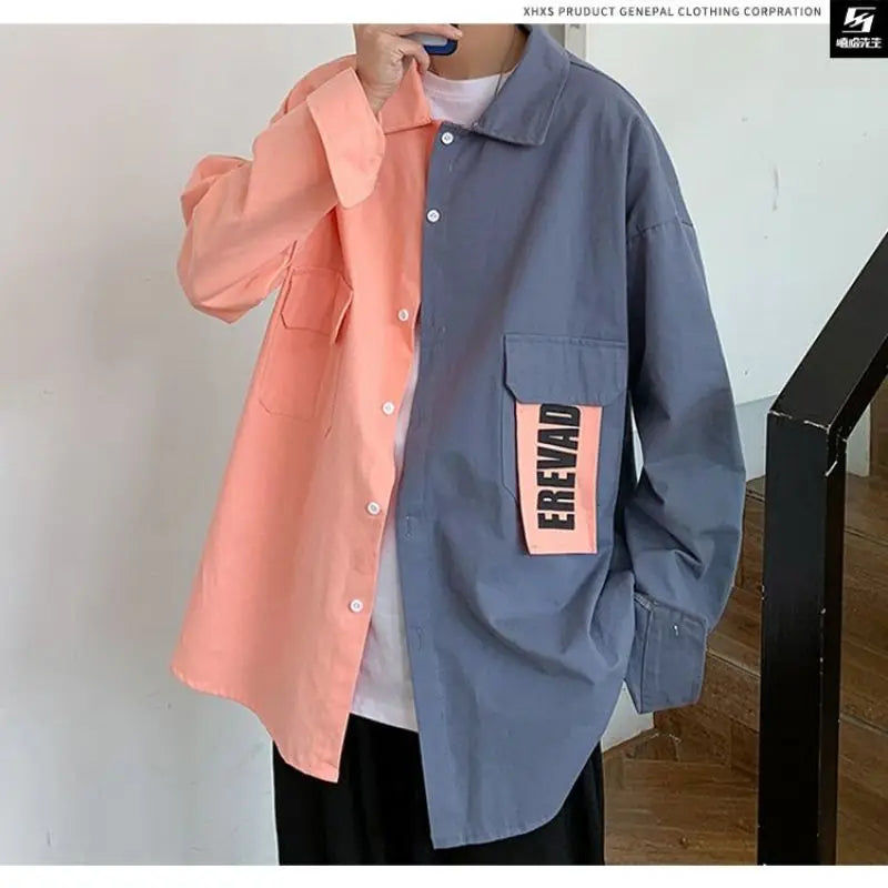 2023 men's patchwork casual shirt with turn-down collar and letter print, featuring a loose, oversized design for spring and autumn.