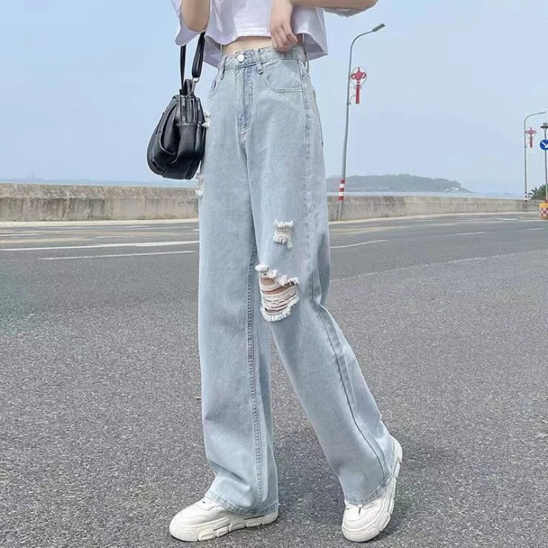 Pierced High Waist Jeans Women's Spring and Summer Thin Straight Tube Loose 2022 New Fashion Casual Thin Wide Leg Pants