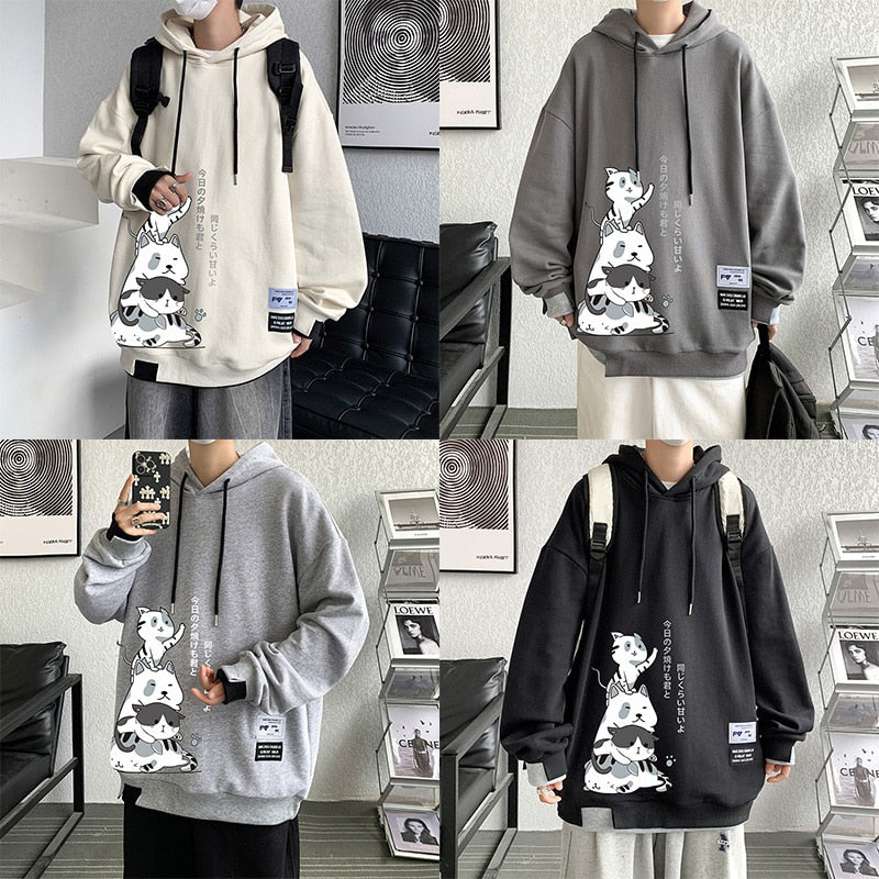 Men's Japanese Harajuku style anime cat hoodie, long sleeve, loose fit, foam print design.