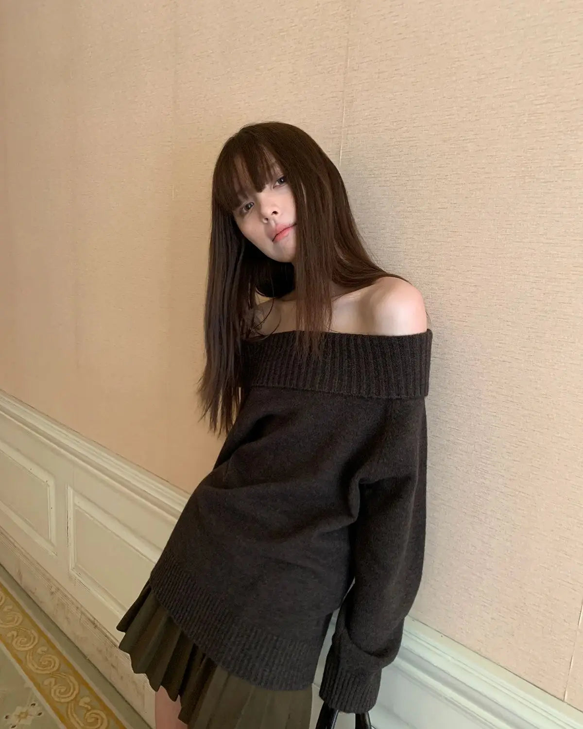 Vintage Japanese style off-shoulder sweater for women with long sleeves and slash neck, featuring a casual Harajuku design.