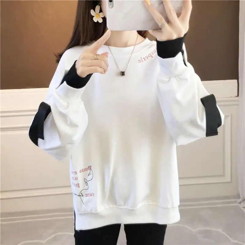 Autumn 2024 New Casual Patchwork Fake Two Pieces Sweatshirts Femme Simplicity Loose Irregular Pullover T-Shirts Women Clothing