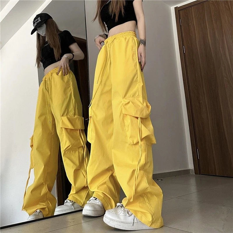 Zoki Harajuku Women Cargo Pants Streetwear Y2K Hip Hop Black Trousers Fashion High Waist Lace Up Female Loose Design Pants New