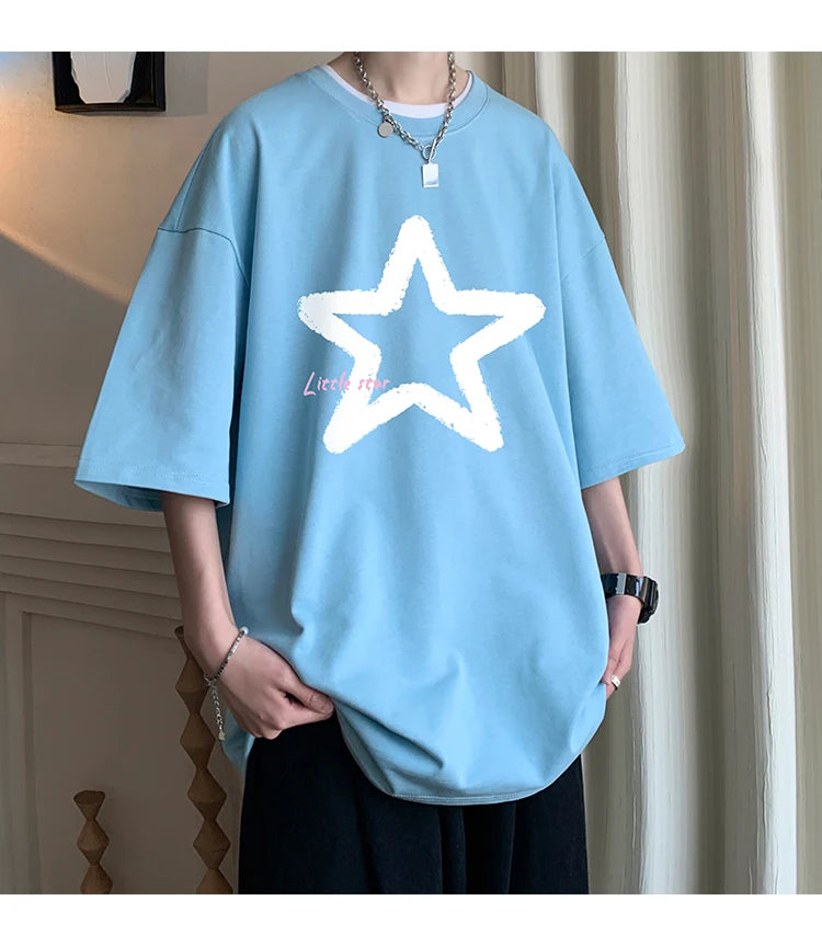 Little Star Printed Men's T Shirt Summer Fashion Casual Short Sleeve Tee Tops Mens Cotton Linen Oversized Hip-Hop T-shirt 5XL