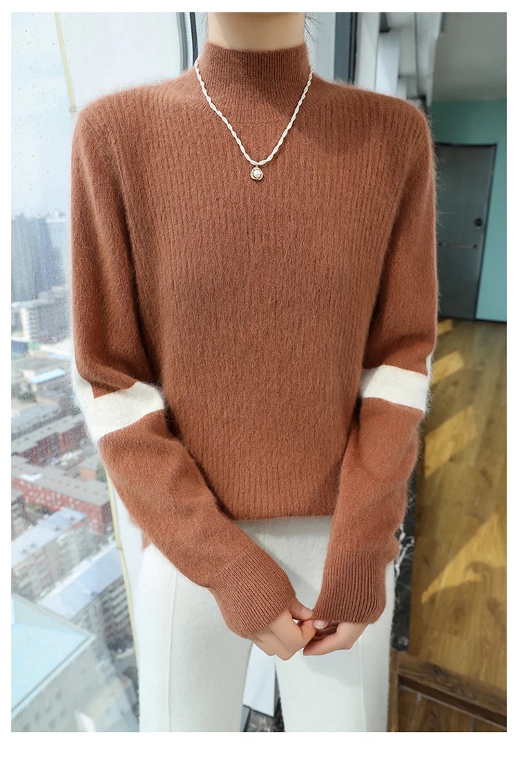 2024 Winter Ladies Turtleneck Mink Cashmere Sweater Women's Patchwork Color Base Knitwear Exquisite Super Warm Long Sleeve Top