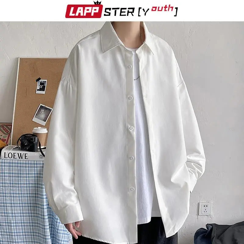 LAPPSTER Youth Korean Fashion Black Long Sleeve Shirt, Mens Harajuku Black Oversized Blouse, Spring/Summer/Autumn Casual Wear.