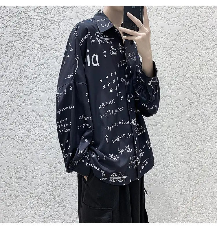 2023 New Spring and Autumn Trend Hong Kong Style Japanese Casual Loose and Luxury Korean Edition Simple Printed Men's Shirt