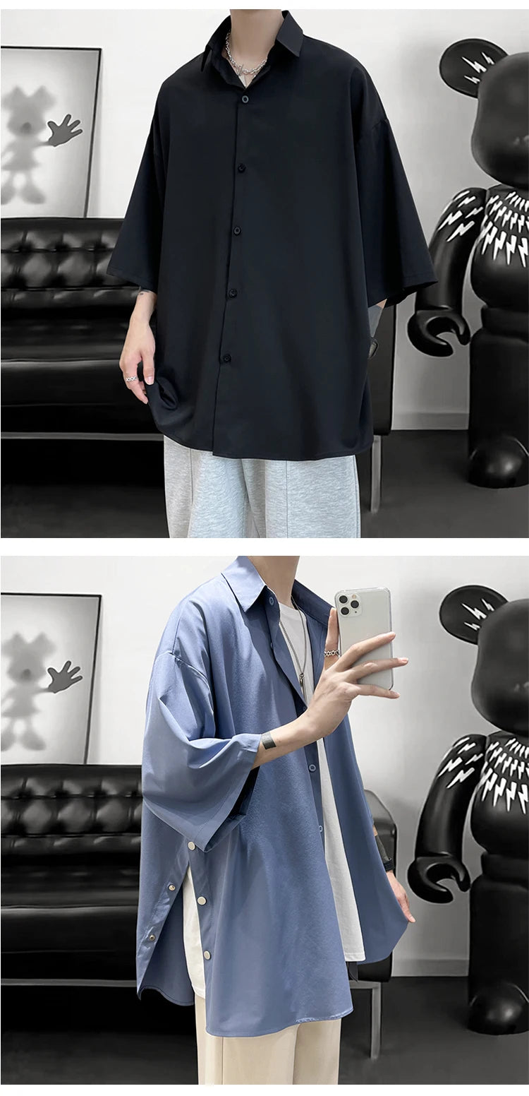 5 Colors Side Buttons Shirt Harajuku Solid Button Up Korean Short Sleeve Aesthetic Male Shirts Blouse Men Black White Yellow