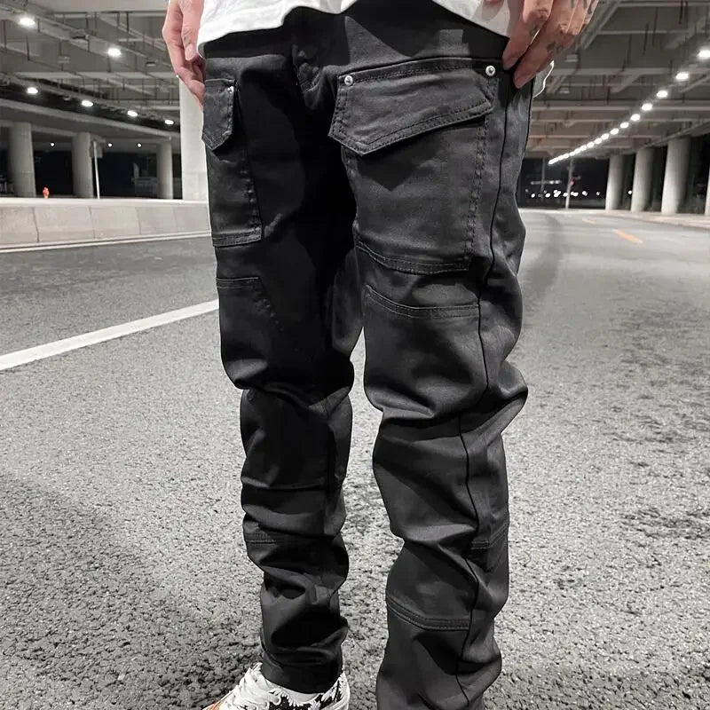 Streetwear Kanye Slim Fit Feet Coated Black Jeans Pants for Men Pocket Brushed Wax Tapered Pants Man Casual Cargo Jeans Y2k