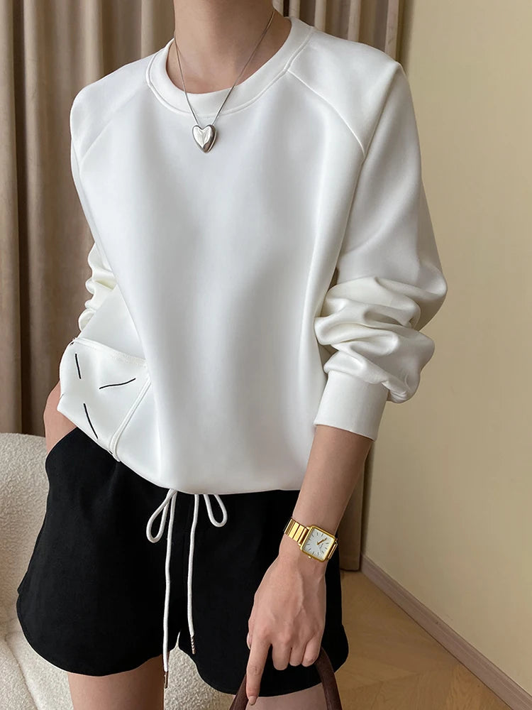 [LANMREM] Embroidered Design Pullover Sweatshirt Women Solid Round Neck Long Sleeve Casual Loose Tops 2024 Spring New 26D6445