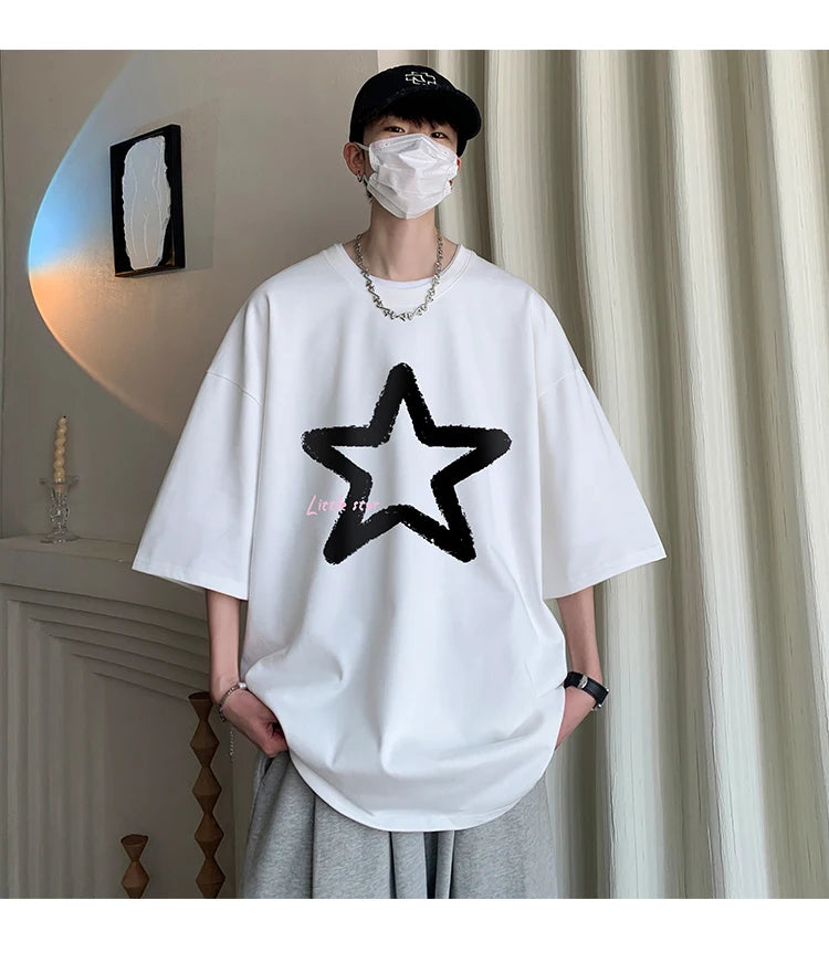 Little Star Printed Men's T Shirt Summer Fashion Casual Short Sleeve Tee Tops Mens Cotton Linen Oversized Hip-Hop T-shirt 5XL