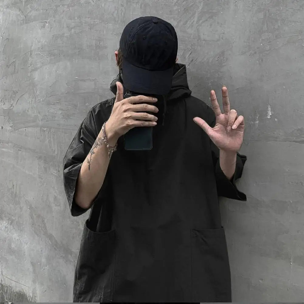 Hooded Cargo T-Shirt Hip Hop Techwear Loose Half Sleeve Men Pullover Pocket T-shirt Hooded Jacket Sweatshirts футболка мужская