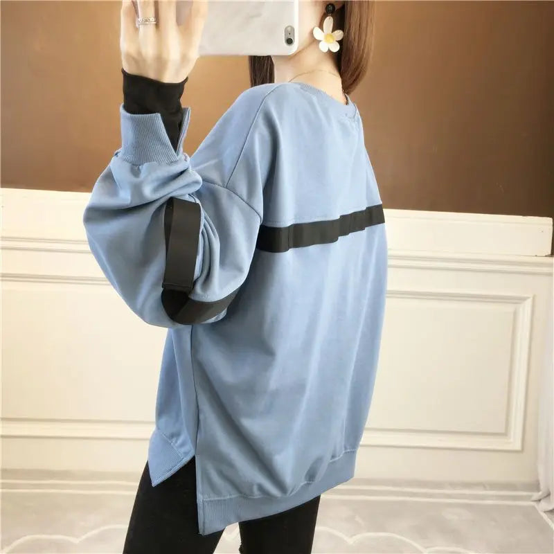 Autumn 2024 New Casual Patchwork Fake Two Pieces Sweatshirts Femme Simplicity Loose Irregular Pullover T-Shirts Women Clothing