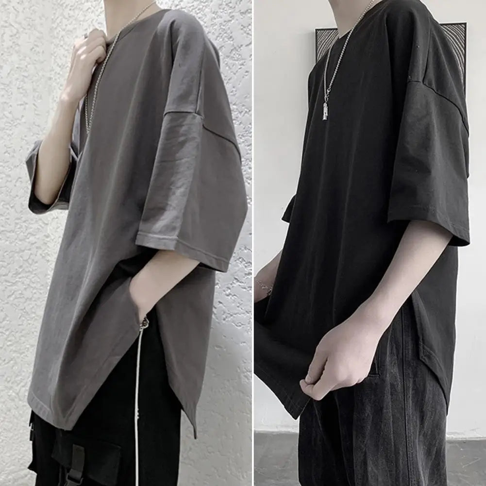 Men's oversized Harajuku half sleeve tee with side split, casual daily wear.