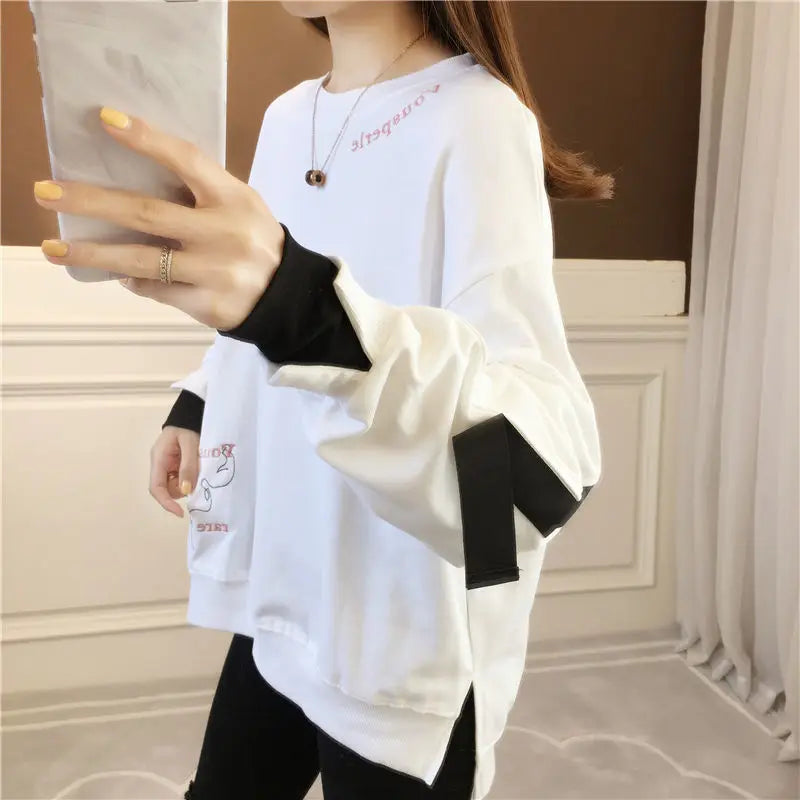 Autumn 2024 New Casual Patchwork Fake Two Pieces Sweatshirts Femme Simplicity Loose Irregular Pullover T-Shirts Women Clothing