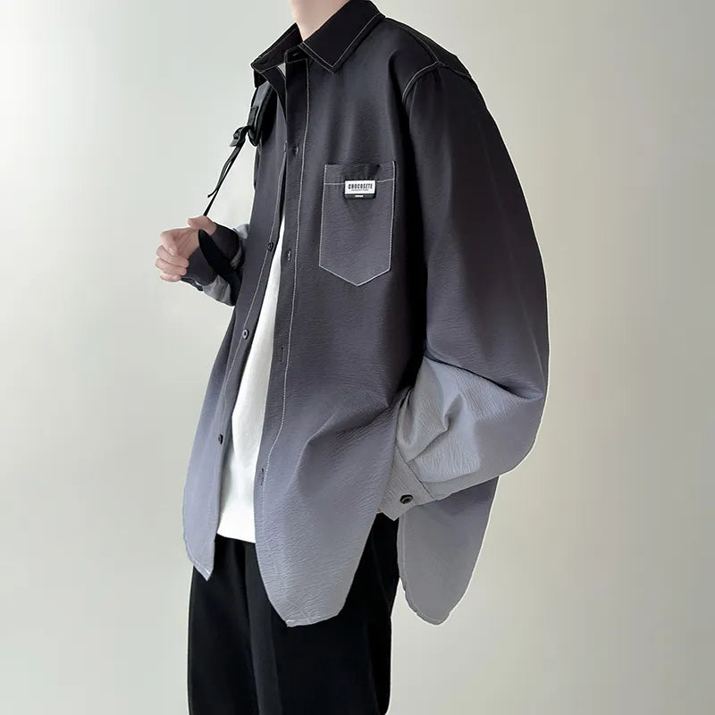 Men's gradient plicated long sleeve loose Korean shirt, casual oversize fashion.