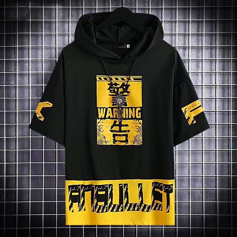 Oversized hooded summer T-shirt with yellow print; casual sports fitness style for men and women.