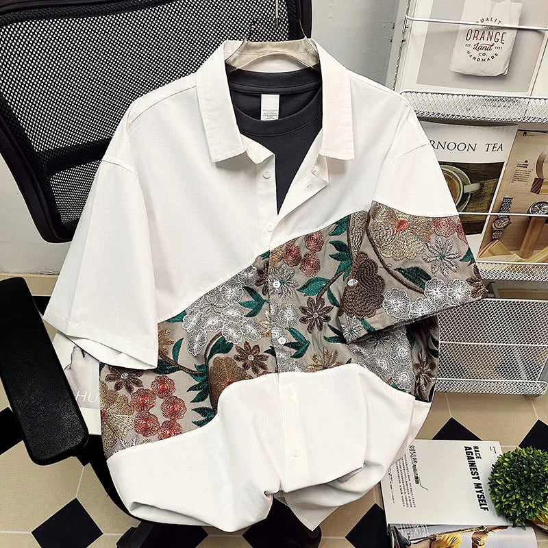 Men's summer embroidered floral casual short sleeve shirt in Japanese streetwear style.