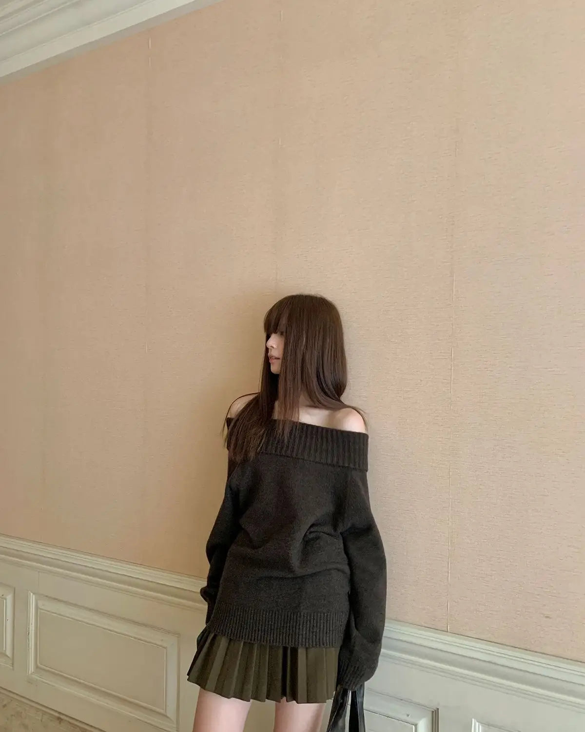 Vintage off-shoulder knitwear, Y2K long sleeve jumper with slash neck, casual Harajuku style.