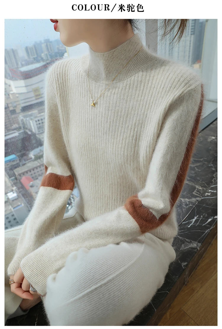 2024 Winter Ladies Turtleneck Mink Cashmere Sweater Women's Patchwork Color Base Knitwear Exquisite Super Warm Long Sleeve Top