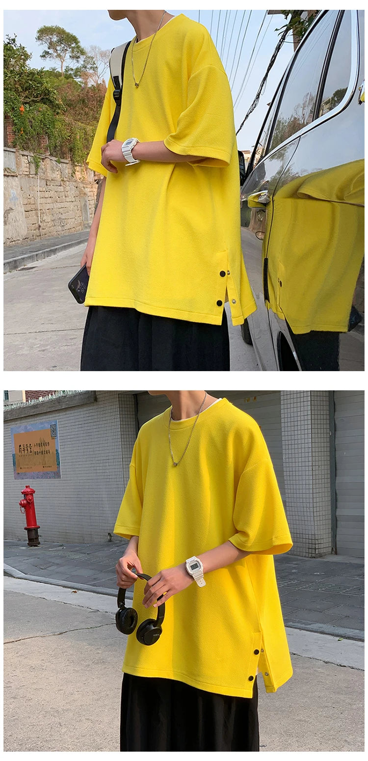 Plus Size 5XL-M Men's Side Slit T-shirt Solid Color t shirt Men Women Causal O-neck Basic Tshirt Male Oversized Tops 4 Colors