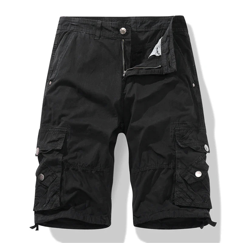 Mens casual black cargo work shorts, military style, knee-length, zipper fly, cotton material.