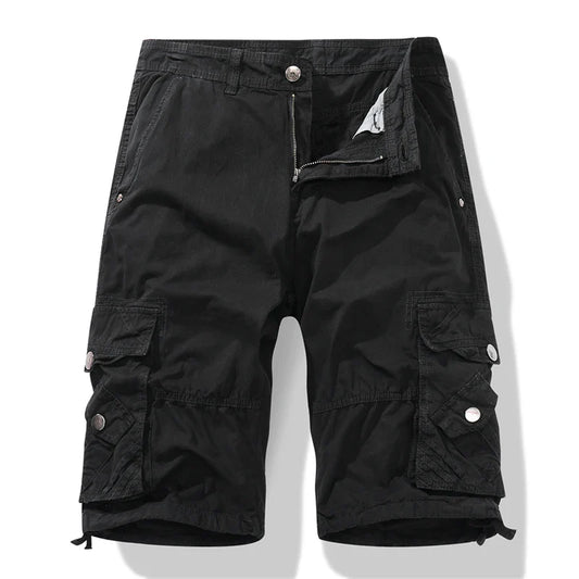 Mens casual black cargo work shorts, military style, knee-length, zipper fly, cotton material.