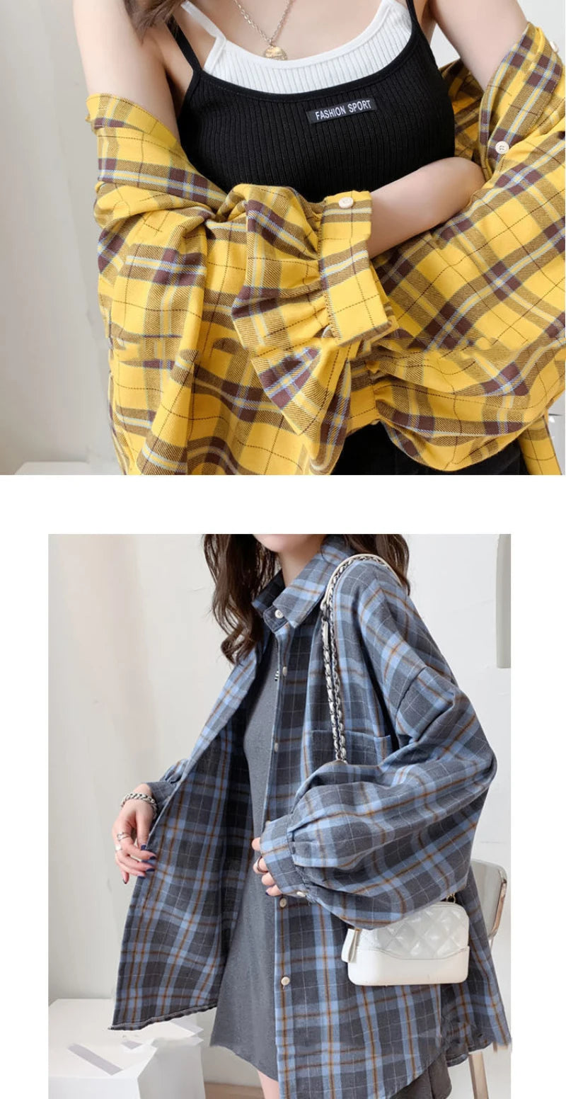 JMPRS Fashion Plaid Women Shirt Fashion Korean Oversize Tops Harajuku Daily All-match Long Sleeve Chic Female Yellow Shirts New