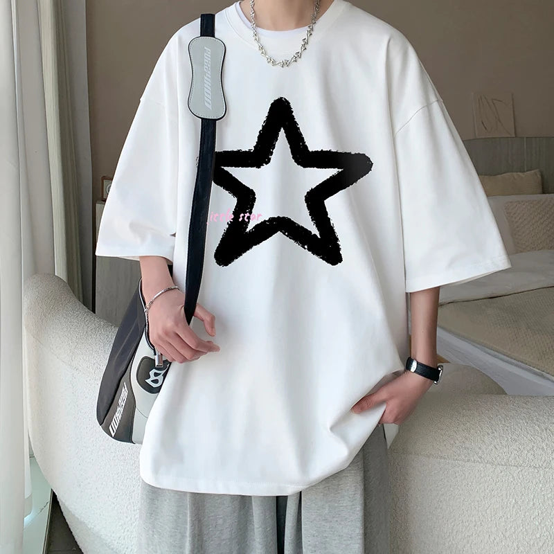 Little Star Printed Men's T Shirt Summer Fashion Casual Short Sleeve Tee Tops Mens Cotton Linen Oversized Hip-Hop T-shirt 5XL