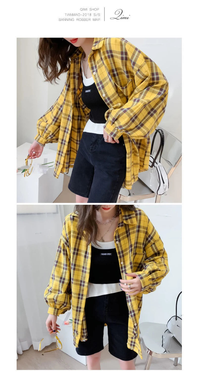 JMPRS Fashion Plaid Women Shirt Fashion Korean Oversize Tops Harajuku Daily All-match Long Sleeve Chic Female Yellow Shirts New