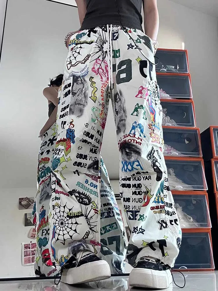 Graffiti Print Women Pants Chic Fashion Harajuku Drawstring Wide Leg Trousers Loose Pantalones Sweatpants Streetwear Korean Y2k