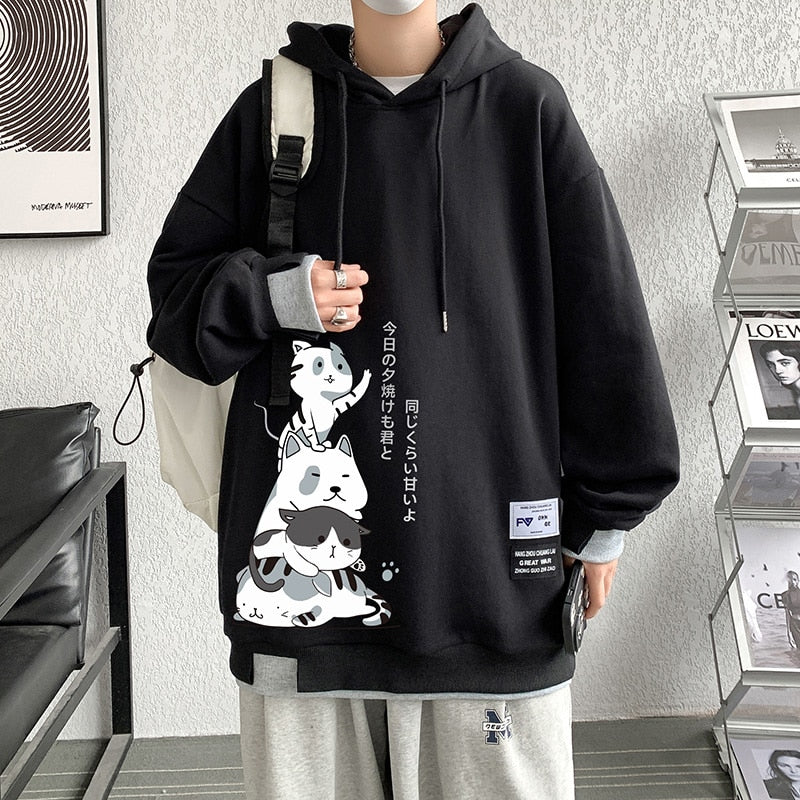 Men's cartoon anime cat sweatshirt, foam print, Harajuku style, long sleeve, loose fit, black hoodie.