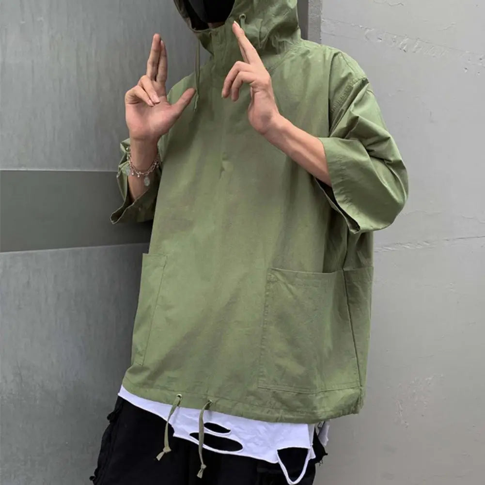 Hooded Cargo T-Shirt Hip Hop Techwear Loose Half Sleeve Men Pullover Pocket T-shirt Hooded Jacket Sweatshirts футболка мужская